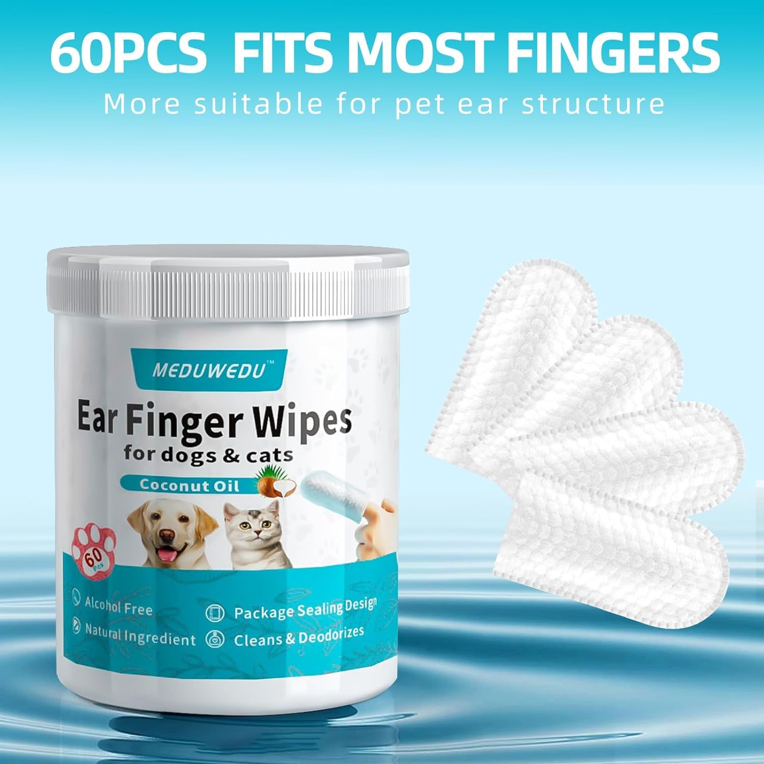 Ear Cleaner Finger Wipes 60 Counts, Dog Ear Cleaner, Grooming Kit Care for Dogs and Cats, Soft & Easy Otic Cleaning Pads, Remove Wax, Dirt & Stop Smelly, Itchy, Non-Irritating, Coconut Scent