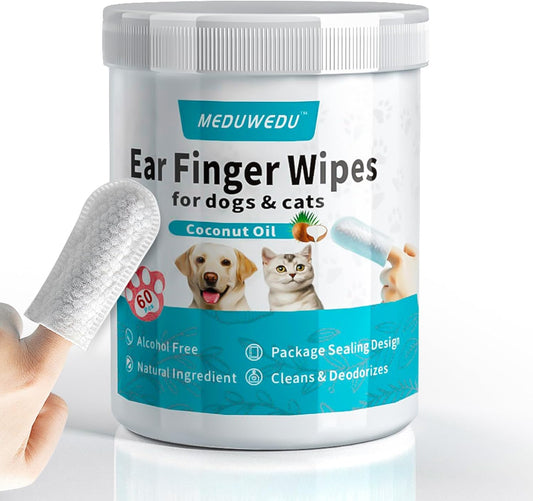 Ear Cleaner Finger Wipes 60 Counts, Dog Ear Cleaner, Grooming Kit Care for Dogs and Cats, Soft & Easy Otic Cleaning Pads, Remove Wax, Dirt & Stop Smelly, Itchy, Non-Irritating, Coconut Scent